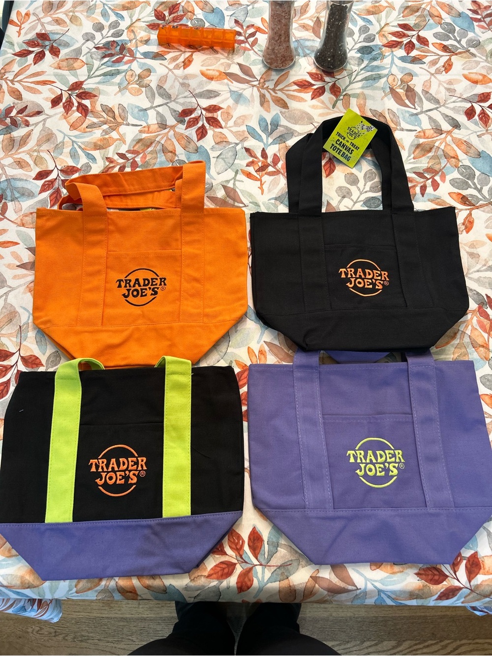 Full Set Trader Joe’s Small Canvas Tote Bag - Orange, Black, Purple, Black/Green